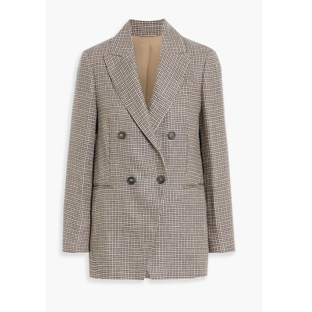 New Brunello Cucinelli Blazer Women Tan Gold 44 8 Houndstooth Old Money Linen